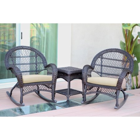 JECO W00208-2-RCES001 Santa Maria Espresso Rocker Wicker Chair Set - Ivory Cushions - 3 Piece W00208_2-RCES001